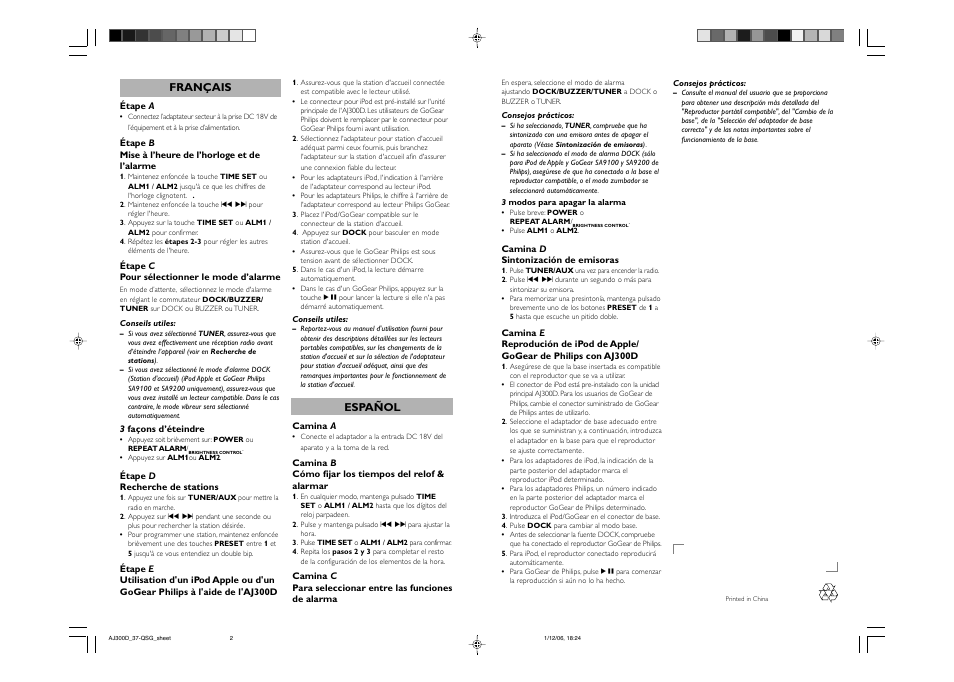 Français, Español | Philips AJ300D-37B User Manual | Page 2 / 2