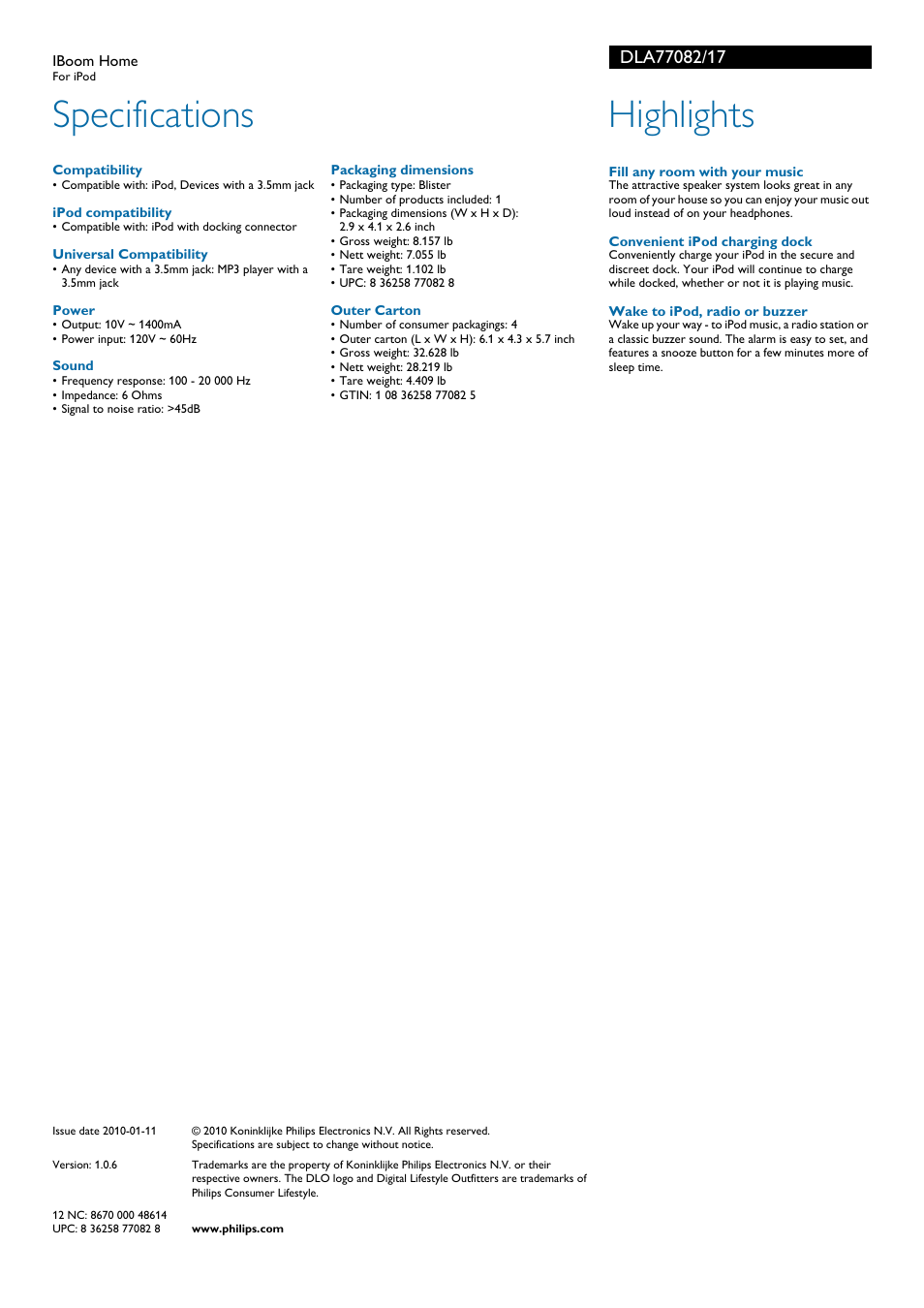 Specifications, Highlights | Philips DLA77082-17 User Manual | Page 2 / 2