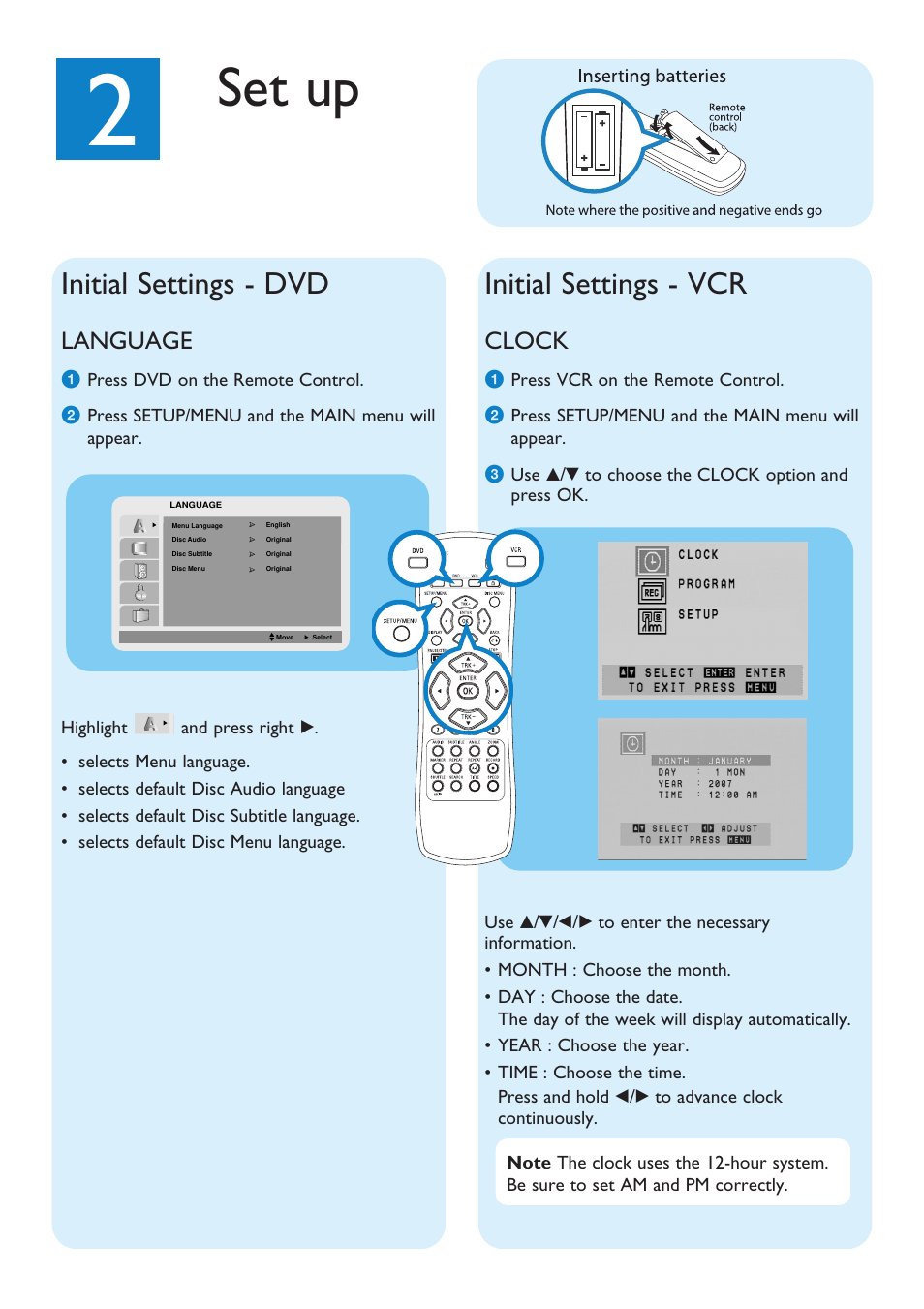 Set up, Initial settings - dvd, Initial settings - vcr | Language, Clock | Philips DVD-VCR Player DVP3340V Direct Dubbing Progressive Scan User Manual | Page 3 / 4