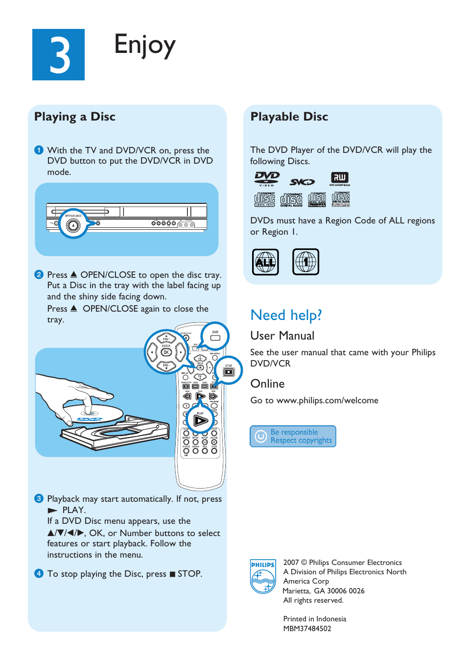 Enjoy, Need help | Philips DVD-VCR Player DVP3340V Direct Dubbing Progressive Scan User Manual | Page 4 / 4