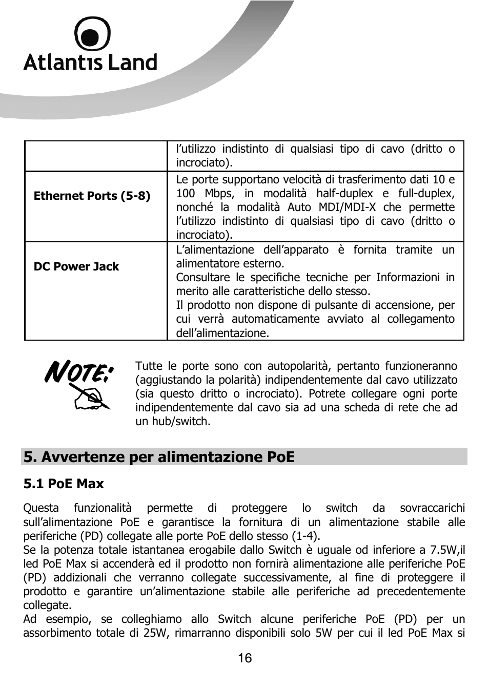 Avvertenze per alimentazione poe | Atlantis Land NETMASTER F8POE User Manual | Page 16 / 42