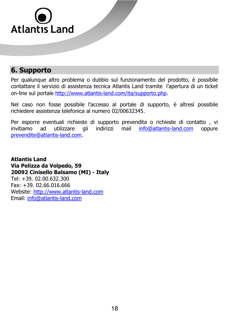 Supporto | Atlantis Land NETMASTER F8POE User Manual | Page 18 / 42