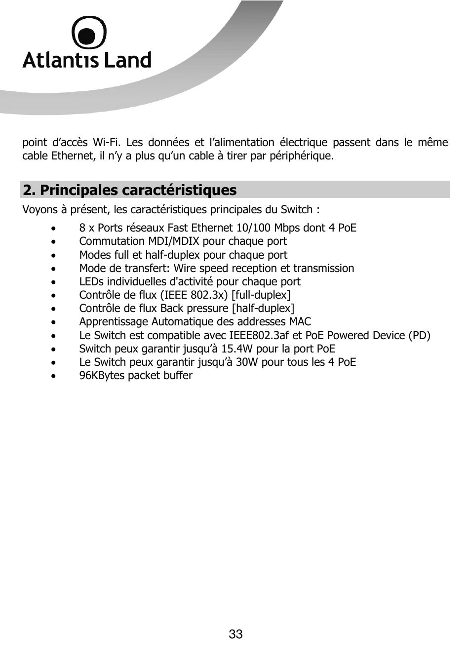 Principales caractéristiques | Atlantis Land NETMASTER F8POE User Manual | Page 33 / 42