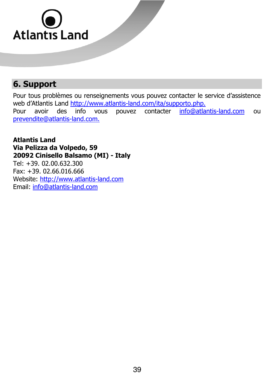 Support | Atlantis Land NETMASTER F8POE User Manual | Page 39 / 42