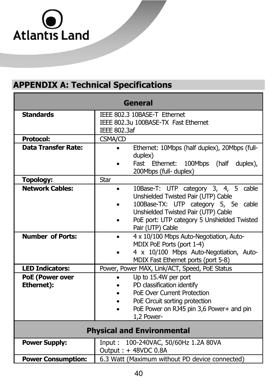 Technical specifications, Appendix a: technical specifications | Atlantis Land NETMASTER F8POE User Manual | Page 40 / 42