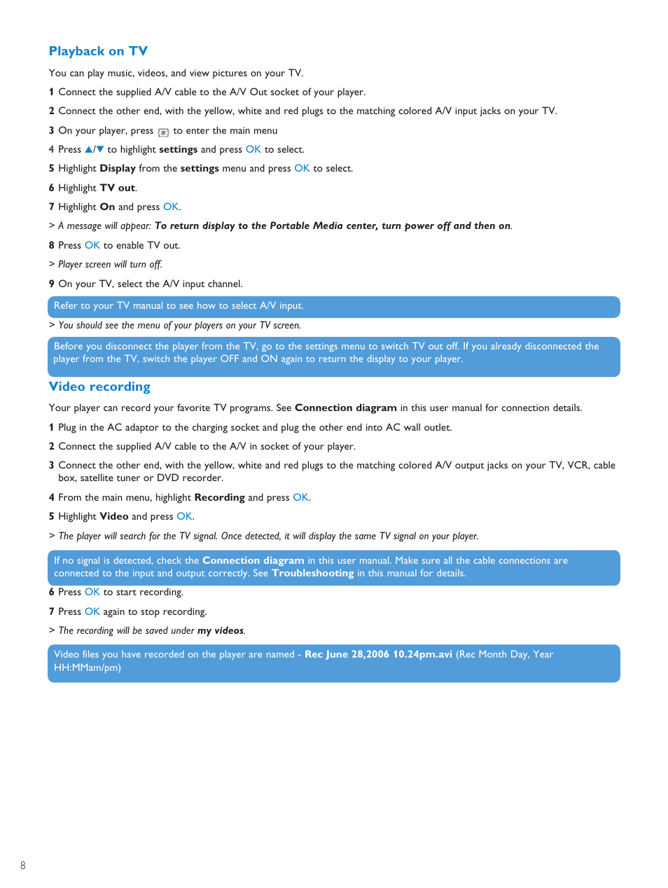 Playback on tv, Video recording | Philips PMC7230-17E User Manual | Page 10 / 37