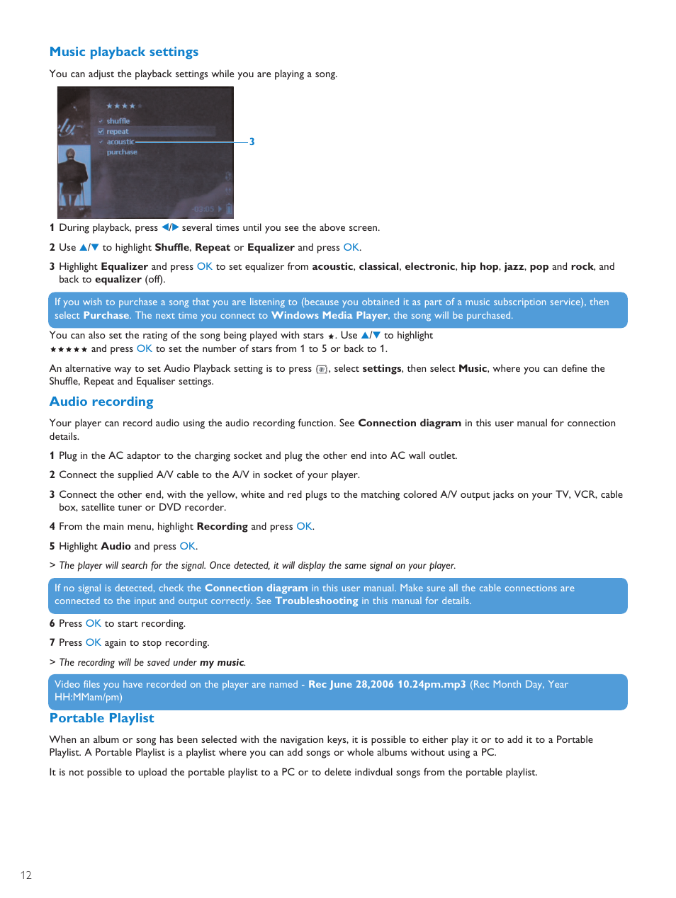 Music playback settings, Audio recording, Portable playlist | Philips PMC7230-17E User Manual | Page 14 / 37