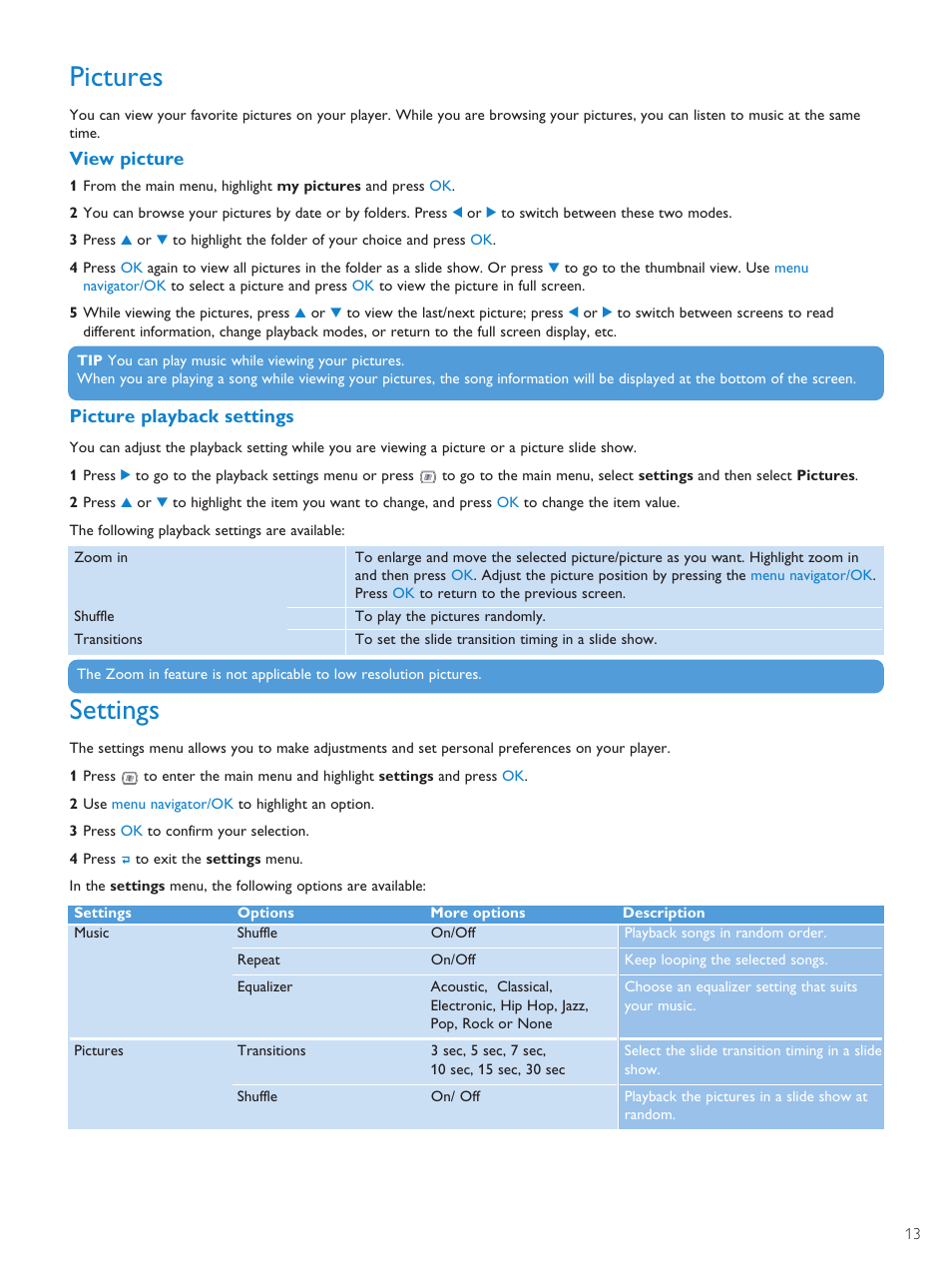 Pictures, View picture, Picture playback settings | Settings | Philips PMC7230-17E User Manual | Page 15 / 37