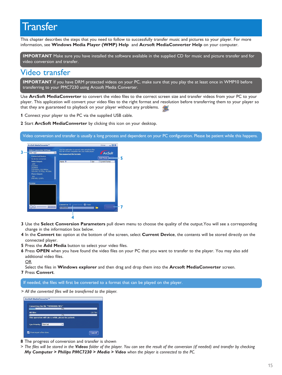 Transfer, Video transfer, 15 transfer | Philips PMC7230-17E User Manual | Page 17 / 37