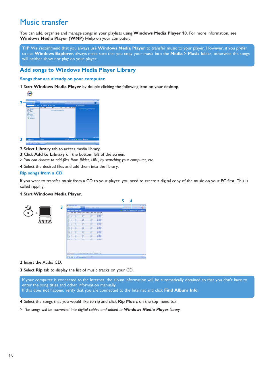 Music transfer, Add songs to windows media p, Add songs to windows media player library | Philips PMC7230-17E User Manual | Page 18 / 37