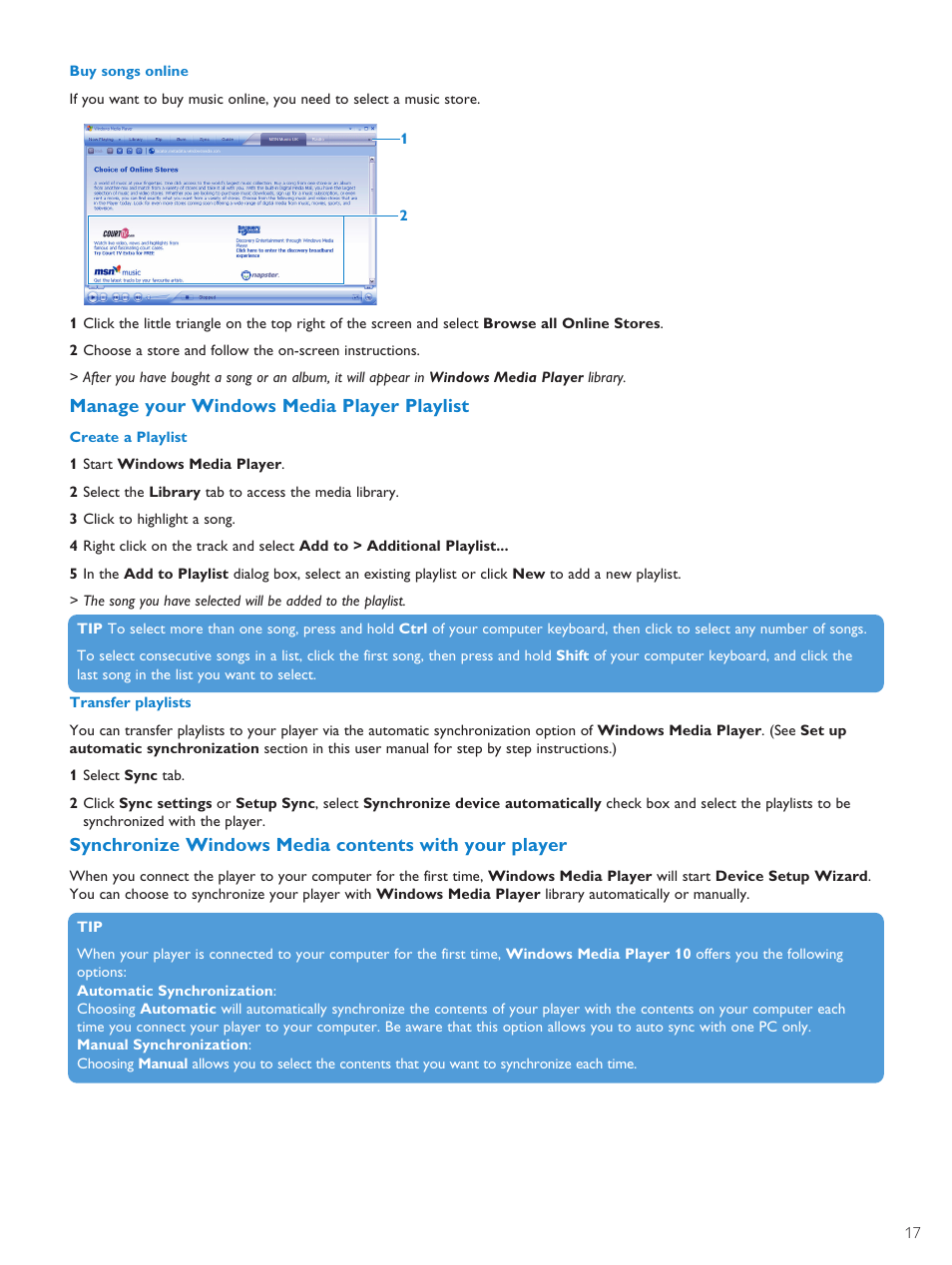 Manage your windows media pl, Synchronize windows media co, Manage your windows media player playlist | Philips PMC7230-17E User Manual | Page 19 / 37