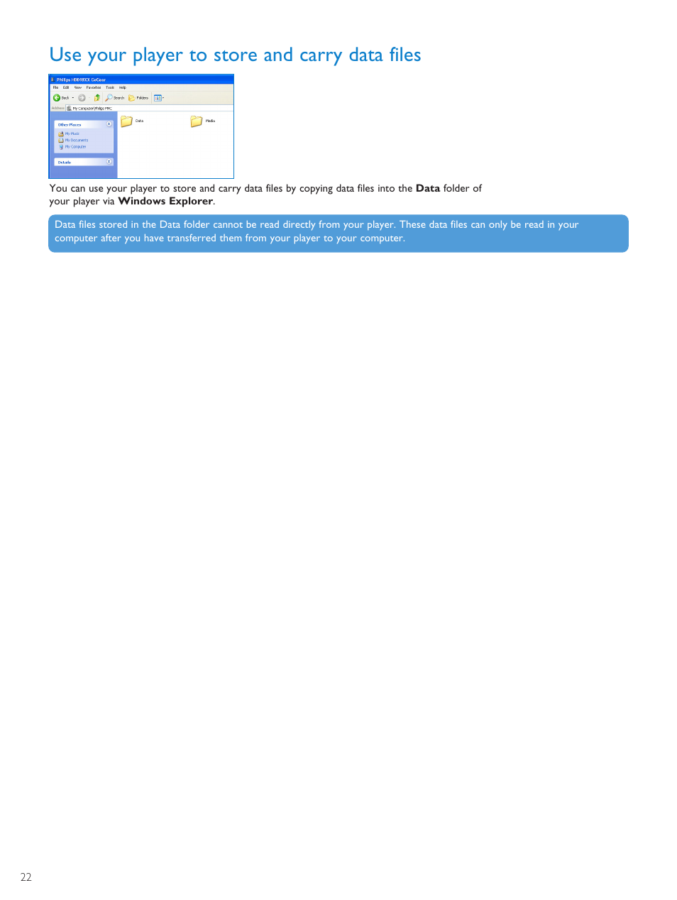 Use your player to store and, Use your player to store and carry data files | Philips PMC7230-17E User Manual | Page 24 / 37