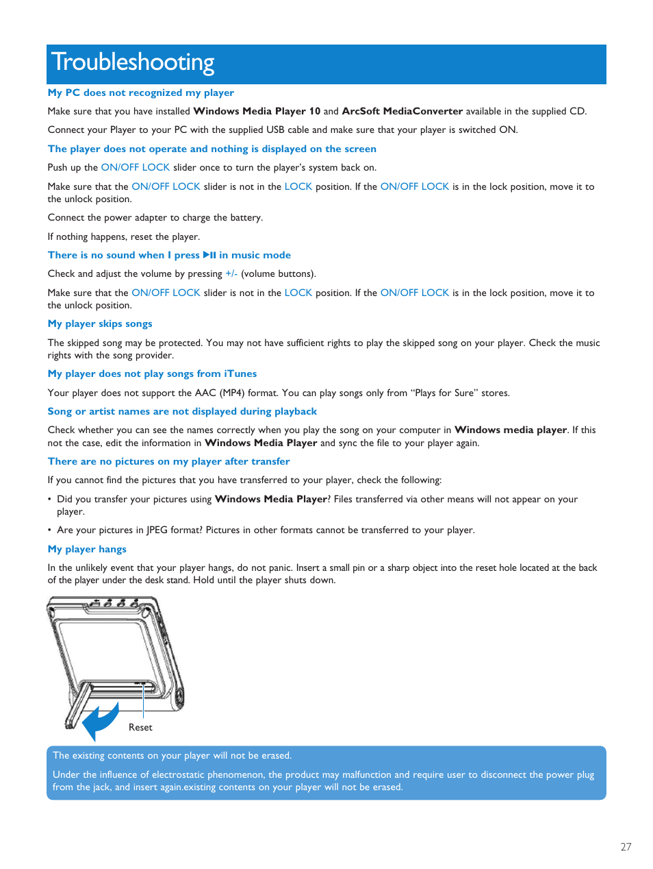 Troubleshooting, 27 troubleshooting | Philips PMC7230-17E User Manual | Page 29 / 37
