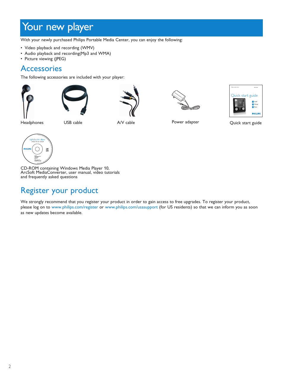 Your new player, Accessories, Register your product | Philips PMC7230-17E User Manual | Page 4 / 37