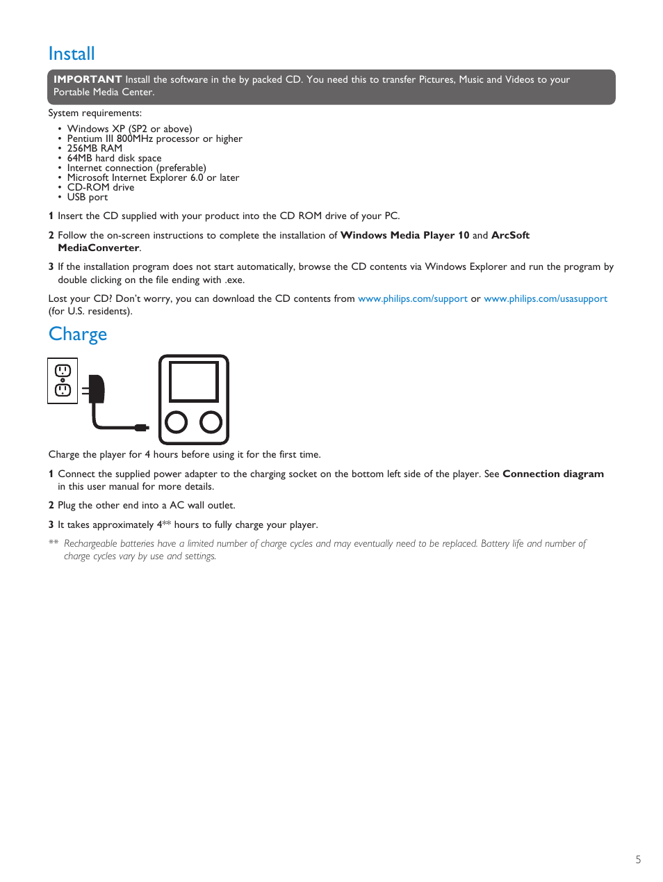 Install, Charge | Philips PMC7230-17E User Manual | Page 7 / 37