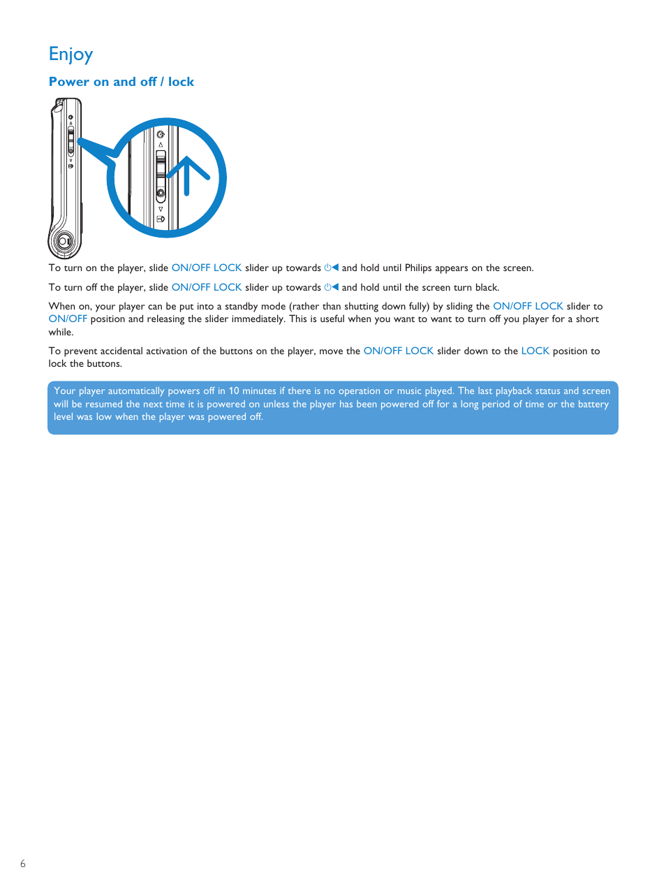 Enjoy, Power on and off / lock | Philips PMC7230-17E User Manual | Page 8 / 37