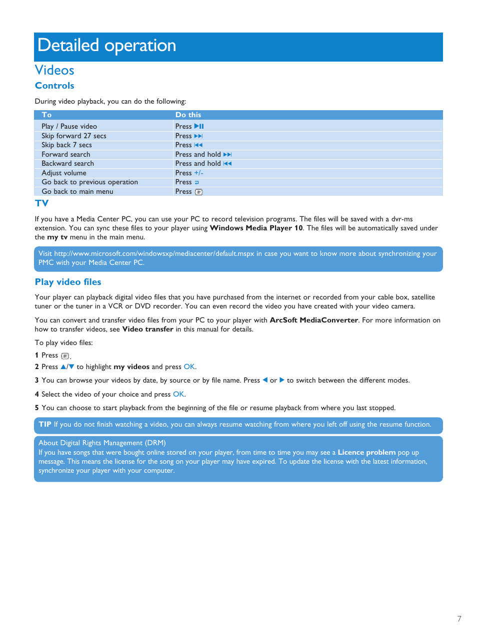 Detailed operation, Videos, Controls | Play video files | Philips PMC7230-17E User Manual | Page 9 / 37