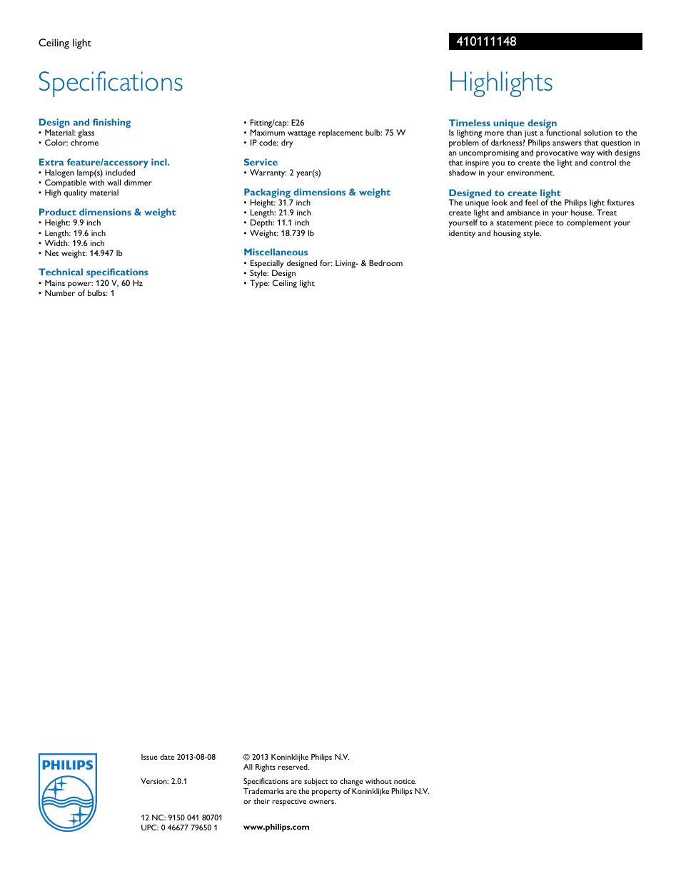 Specifications, Highlights | Philips 410111148 User Manual | Page 2 / 2