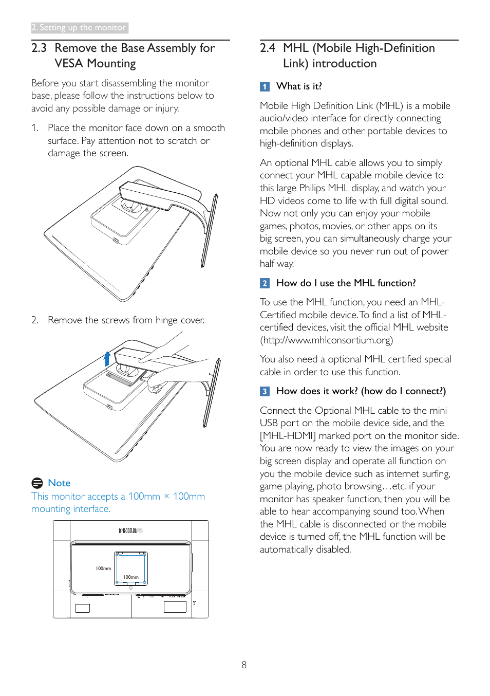 3 remove the base assembly for vesa mounting, 4 mhl (mobile high-definition link) introduction, 3 remove the base assembly for vesa | Mounting, 4 mhl (mobile high-definition link), Introduction | Philips 242G5DJEB-27 User Manual | Page 10 / 43