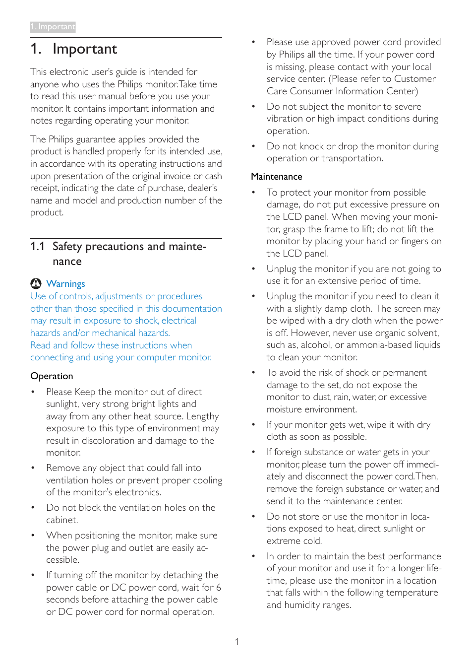 Important, 1 safety precautions and maintenance, 1 safety precautions and mainte- nance | Philips 242G5DJEB-27 User Manual | Page 3 / 43