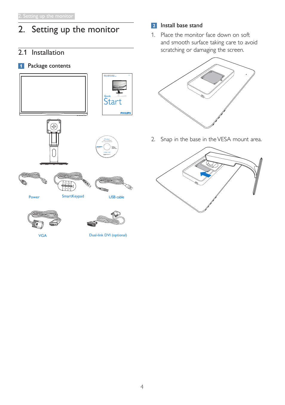 Setting up the monitor, 1 installation, Package contents | Philips 242G5DJEB-27 User Manual | Page 6 / 43