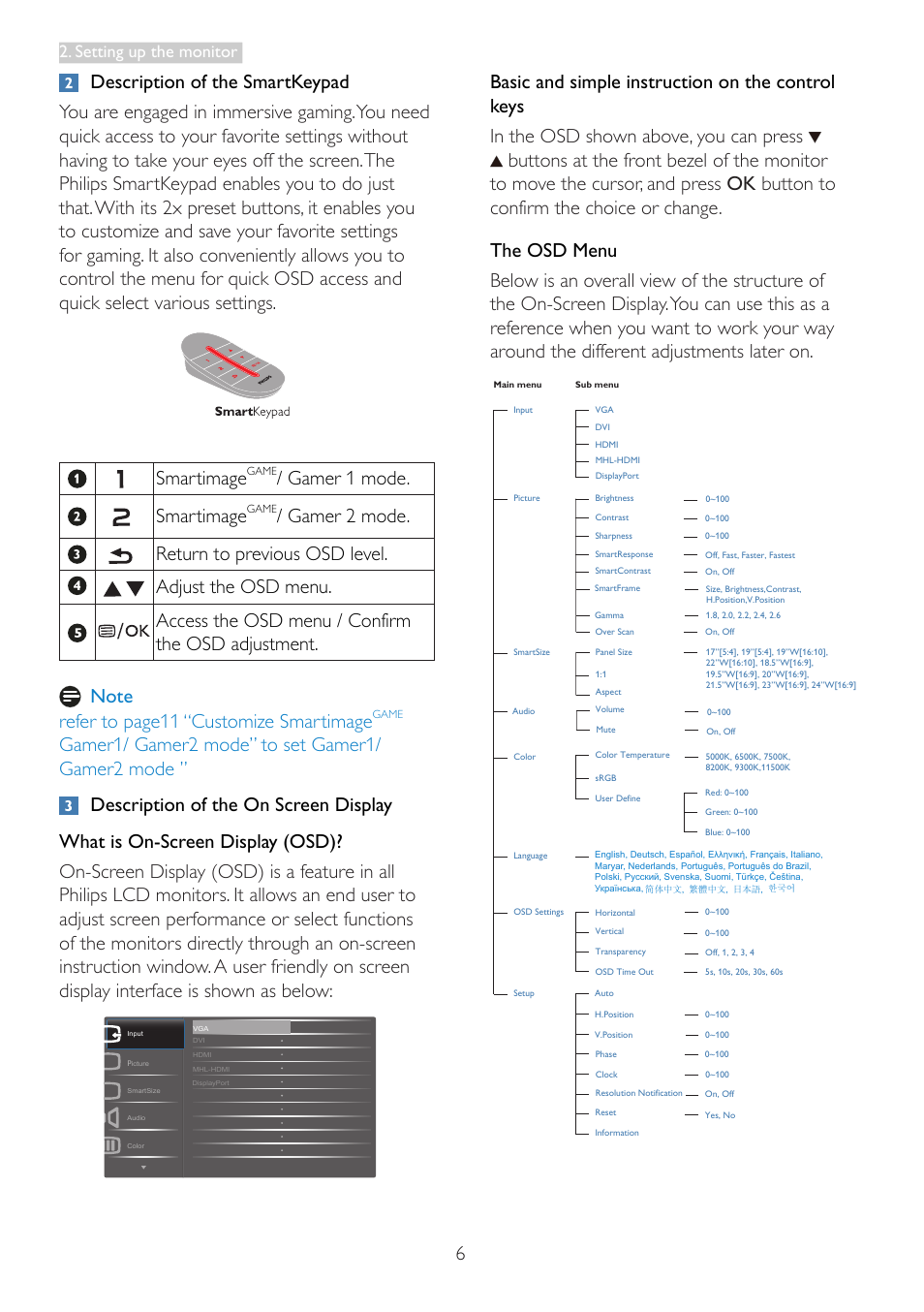 Gamer 1 mode. smartimage, Setting up the monitor | Philips 242G5DJEB-27 User Manual | Page 8 / 43