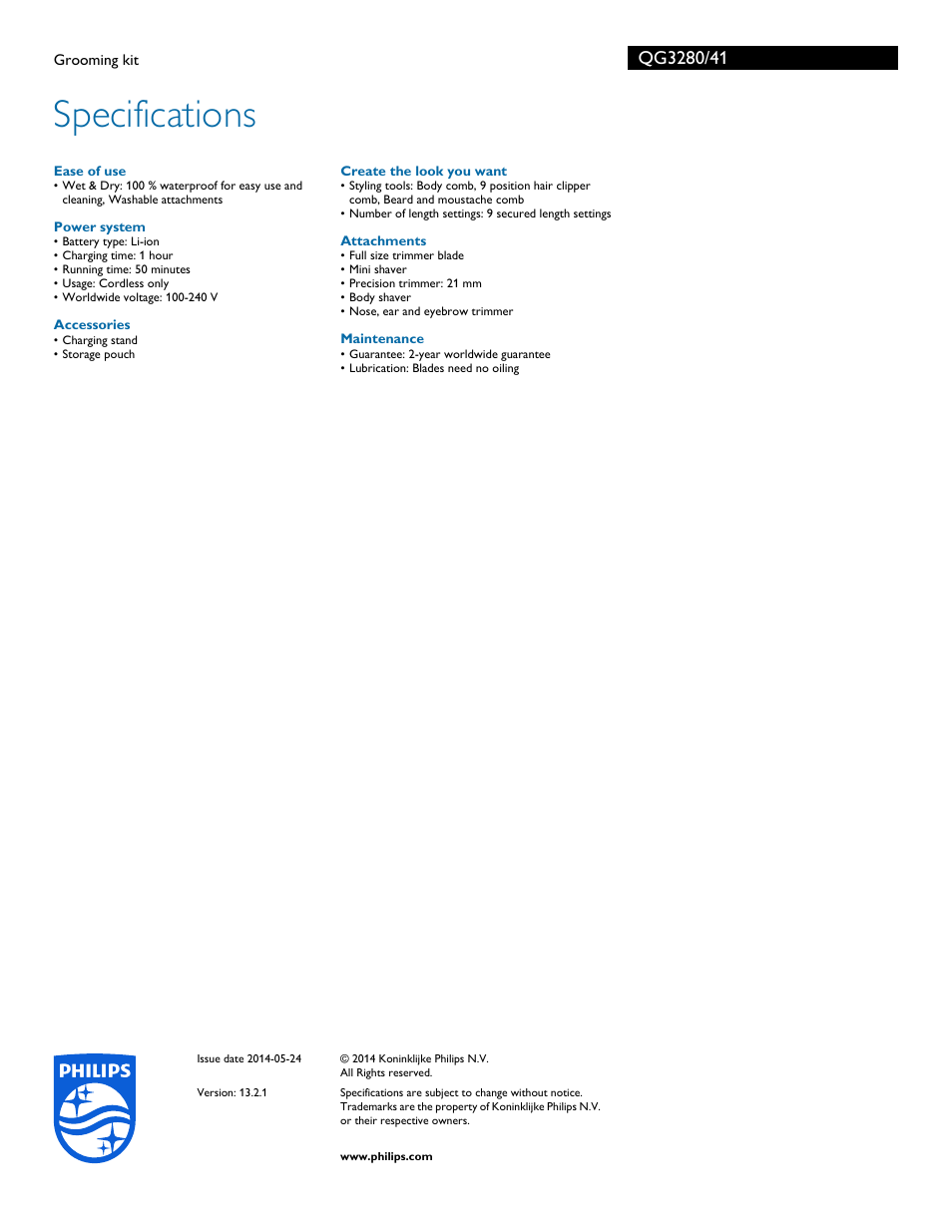 Specifications | Philips QG3280-41 User Manual | Page 3 / 3