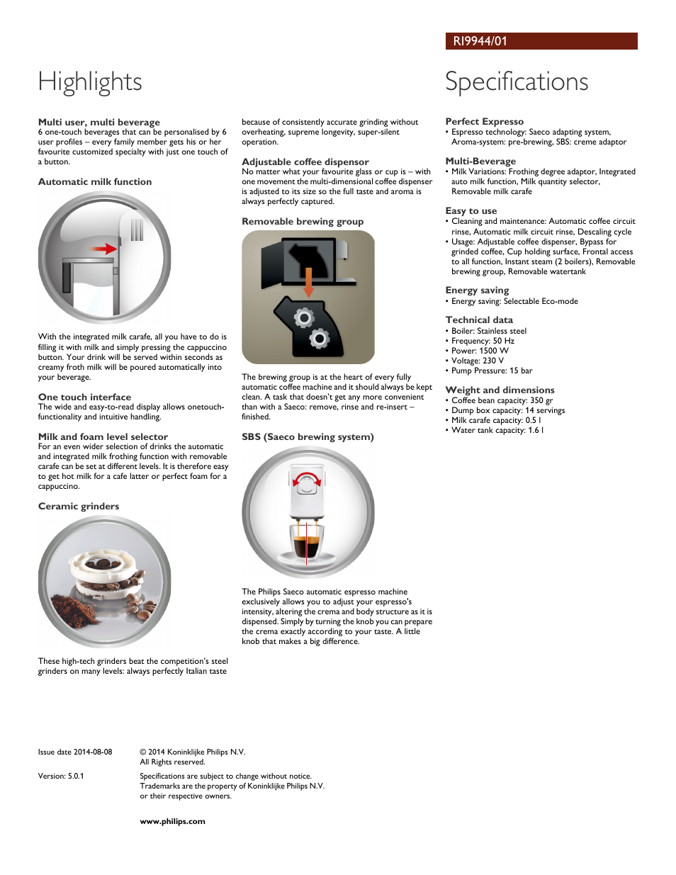 Highlights, Specifications | Philips RI9944-01 User Manual | Page 2 / 2