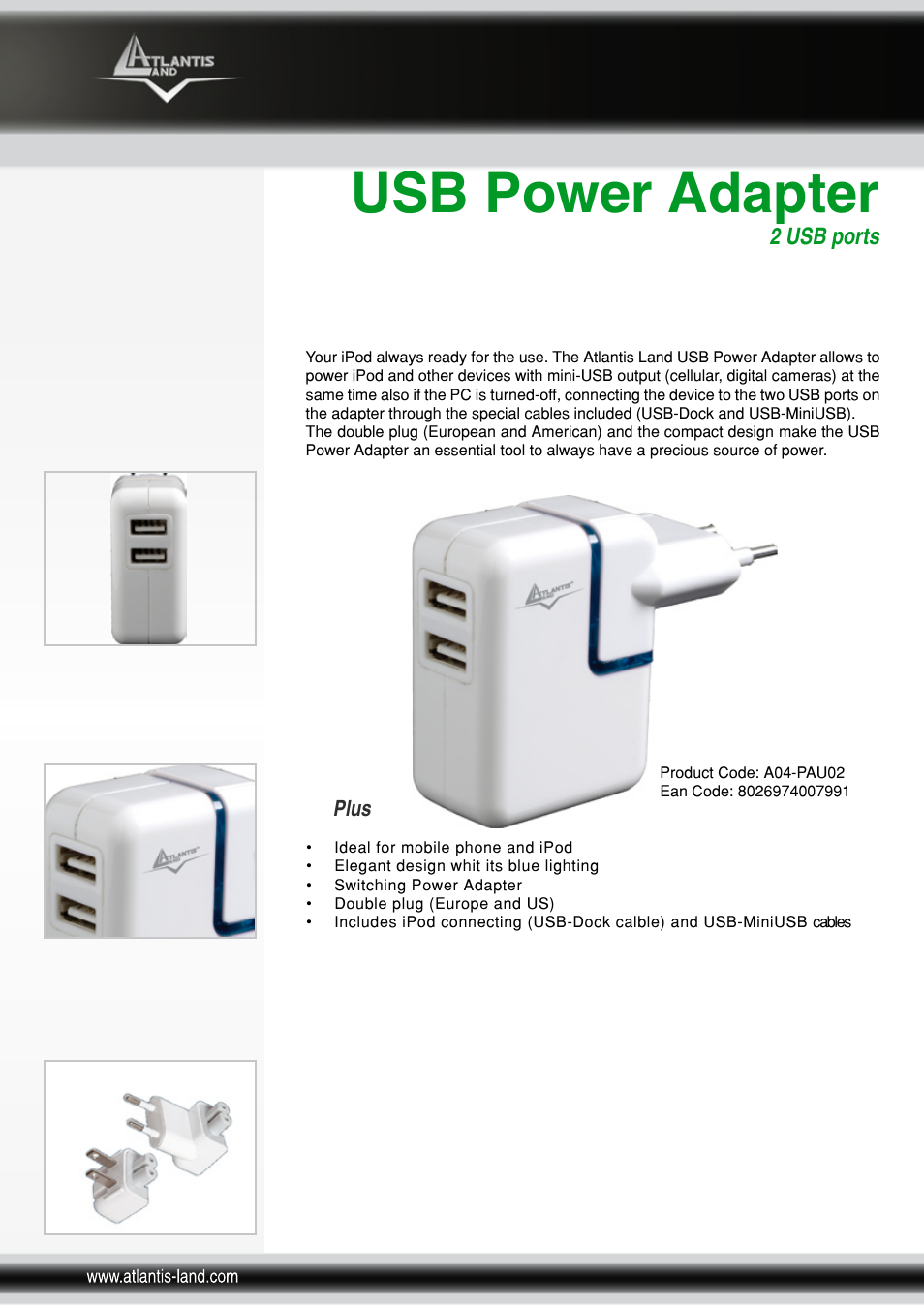 Atlantis Land USB Power Adapter A04-PAU02 User Manual | 2 pages
