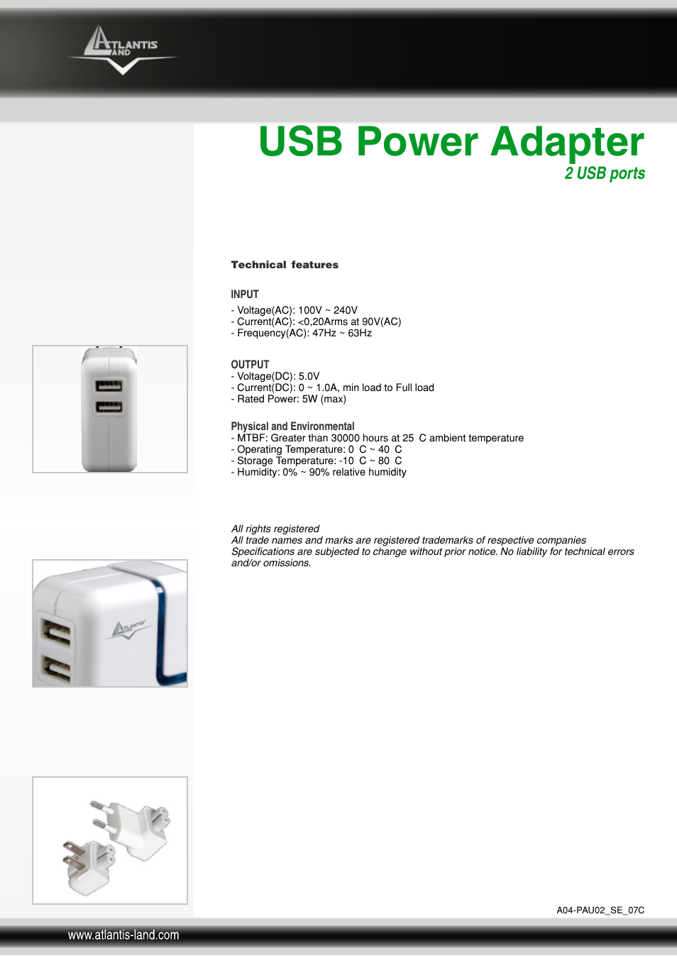 Usb power adapter, 2 usb ports | Atlantis Land USB Power Adapter A04-PAU02 User Manual | Page 2 / 2
