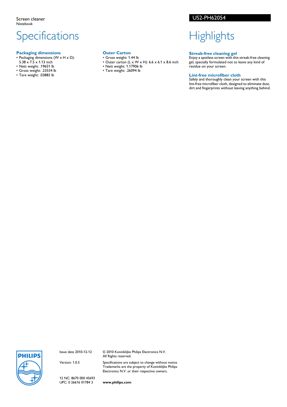 Specifications, Highlights | Philips US2-PH62054 User Manual | Page 2 / 2