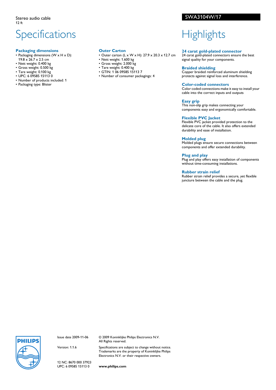 Specifications, Highlights | Philips SWA3104W-17 User Manual | Page 2 / 2