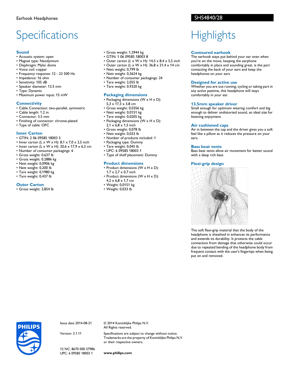 Specifications, Highlights | Philips SHS4840-28 User Manual | Page 2 / 2