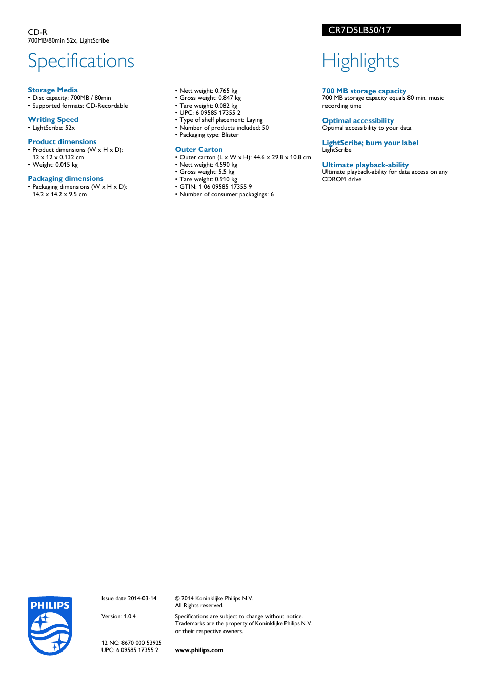 Specifications, Highlights | Philips CD-R CR7D5LB50 700MB-80min 52x LightScribe User Manual | Page 2 / 2
