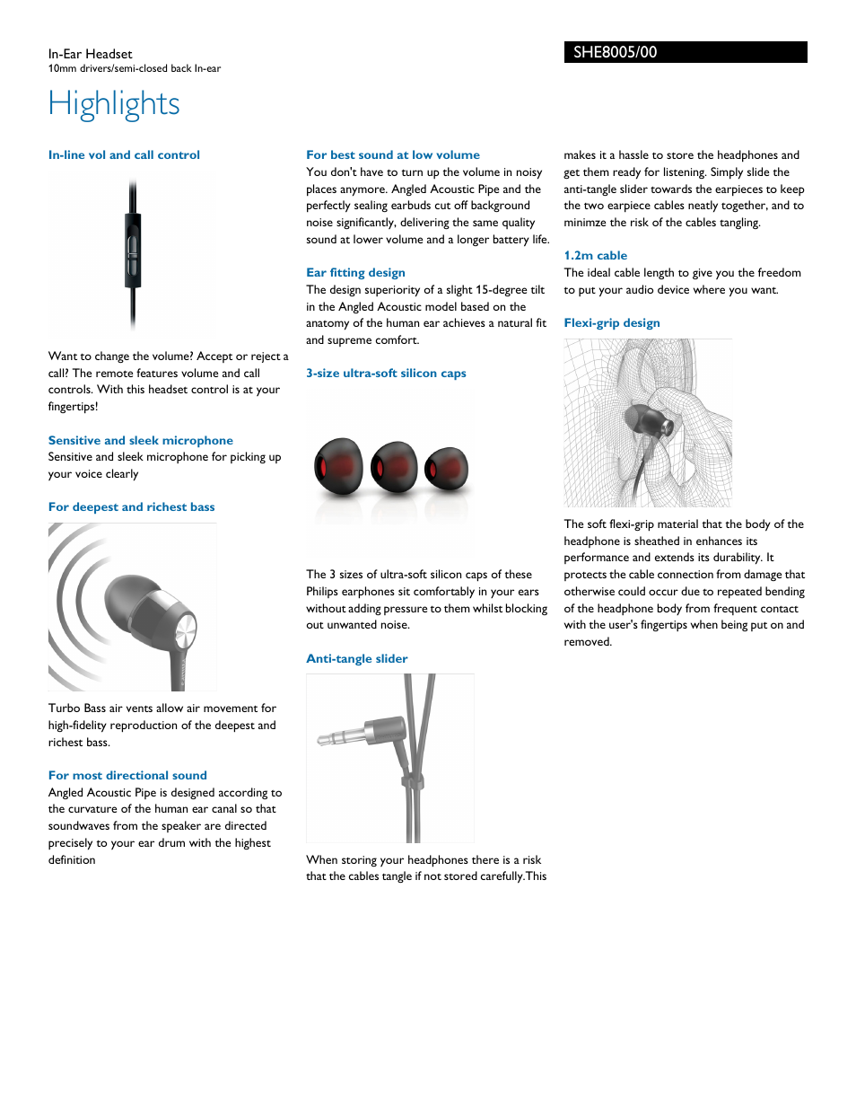 Highlights | Philips SHE8005-00 User Manual | Page 2 / 3