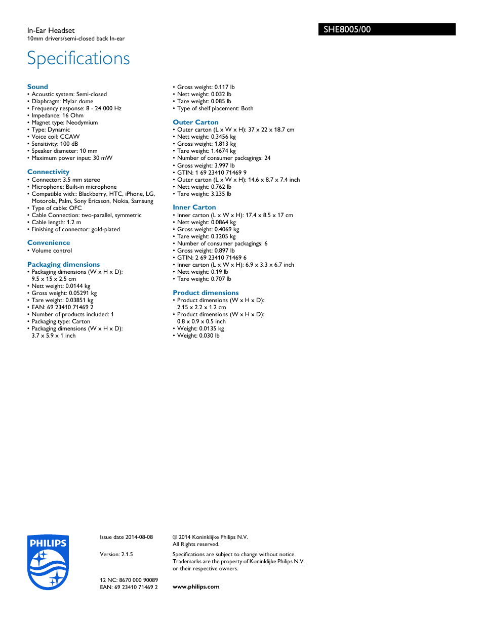 Specifications | Philips SHE8005-00 User Manual | Page 3 / 3