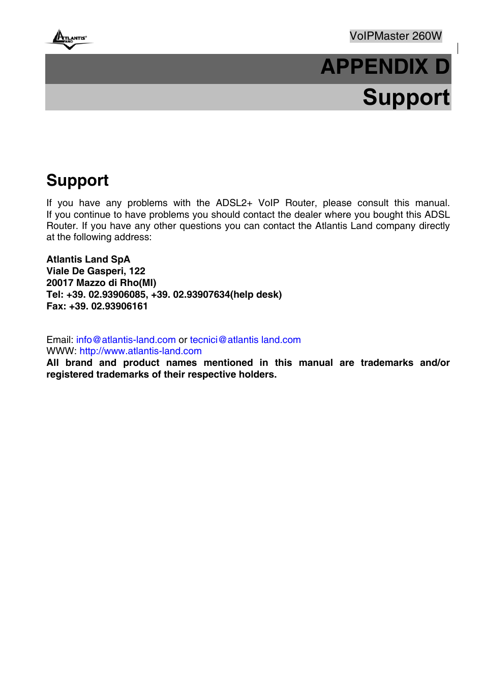 Support, Appendix d | Atlantis Land A02-RAV260-W54 User Manual | Page 121 / 121