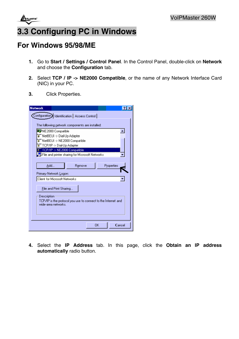 3 configuring pc in windows, For windows 95/98/me | Atlantis Land A02-RAV260-W54 User Manual | Page 20 / 121