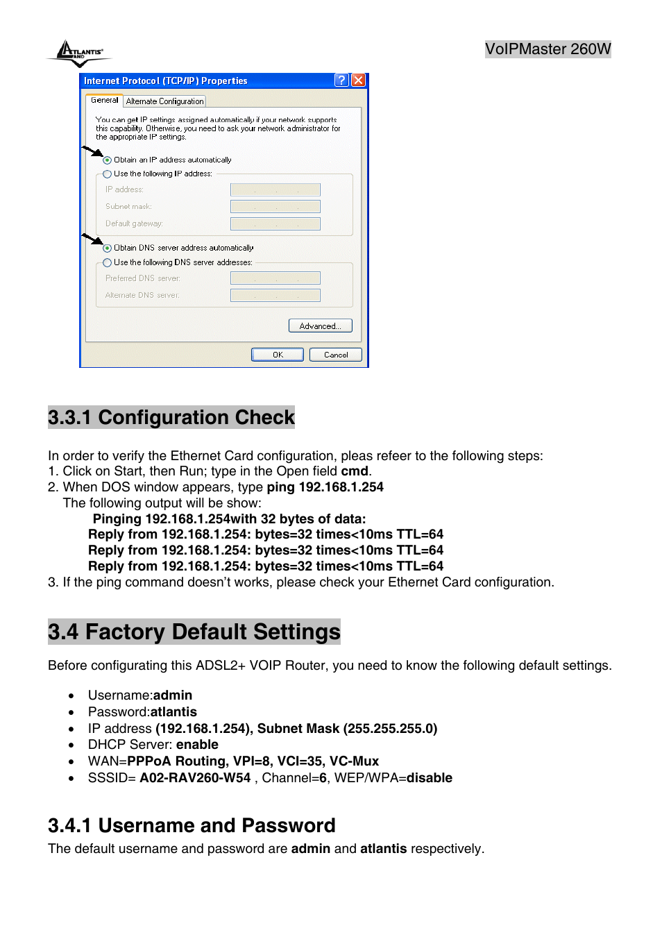 4 factory default settings, 1 configuration check, 1 username and password | Atlantis Land A02-RAV260-W54 User Manual | Page 27 / 121