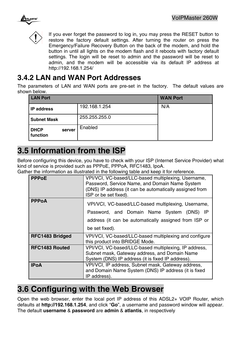 5 information from the isp, 6 configuring with the web browser, 2 lan and wan port addresses | Atlantis Land A02-RAV260-W54 User Manual | Page 28 / 121