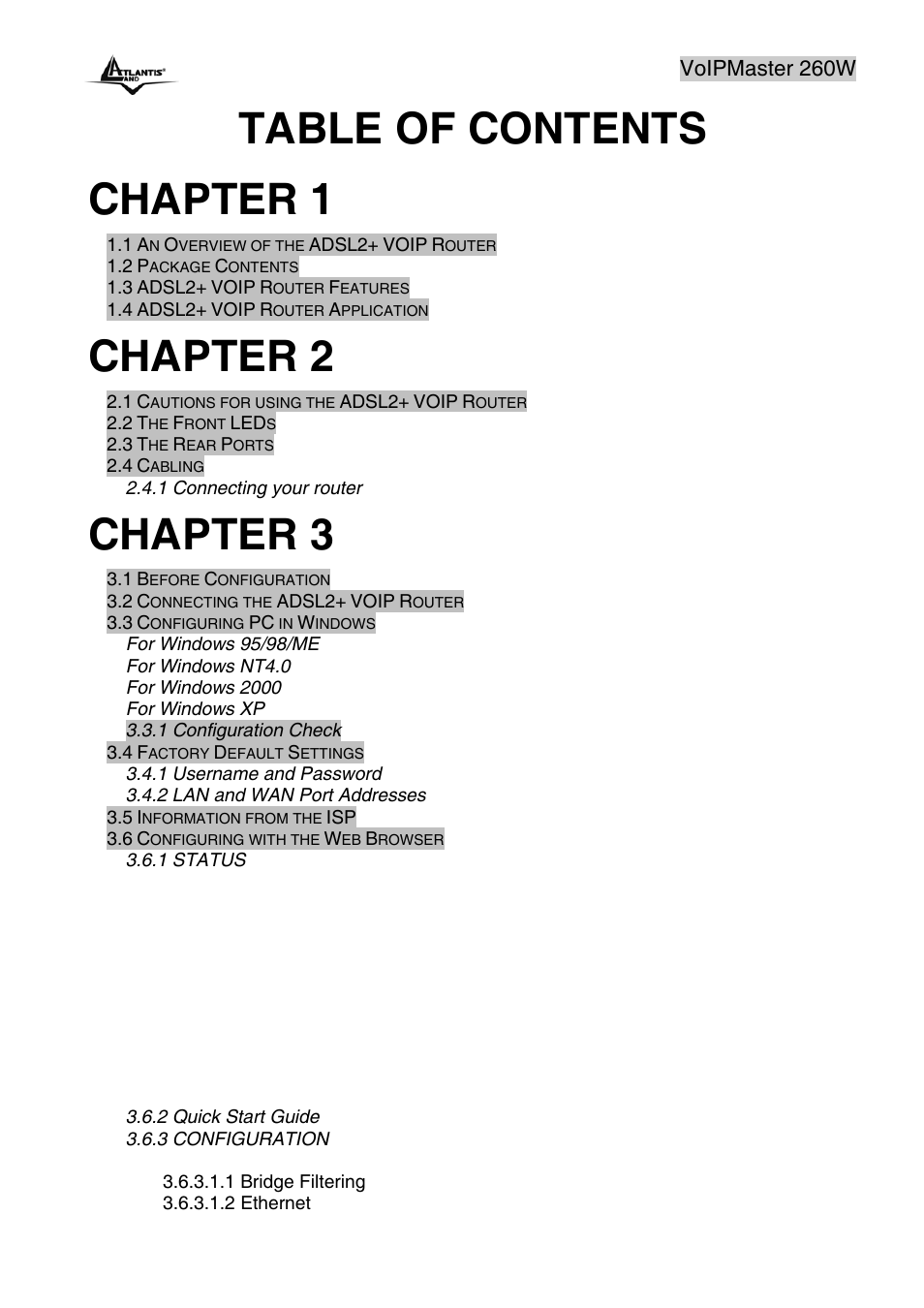 Table of contents chapter 1, Chapter 2, Chapter 3 | Voipmaster 260w | Atlantis Land A02-RAV260-W54 User Manual | Page 4 / 121