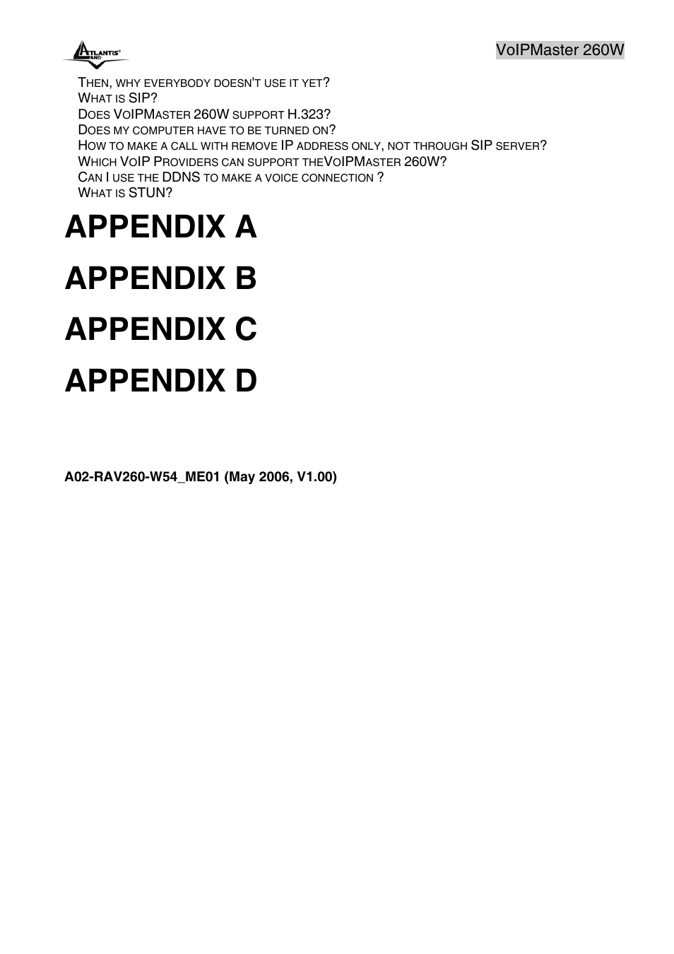 Appendix a, Appendix b, Appendix c | Appendix d | Atlantis Land A02-RAV260-W54 User Manual | Page 6 / 121