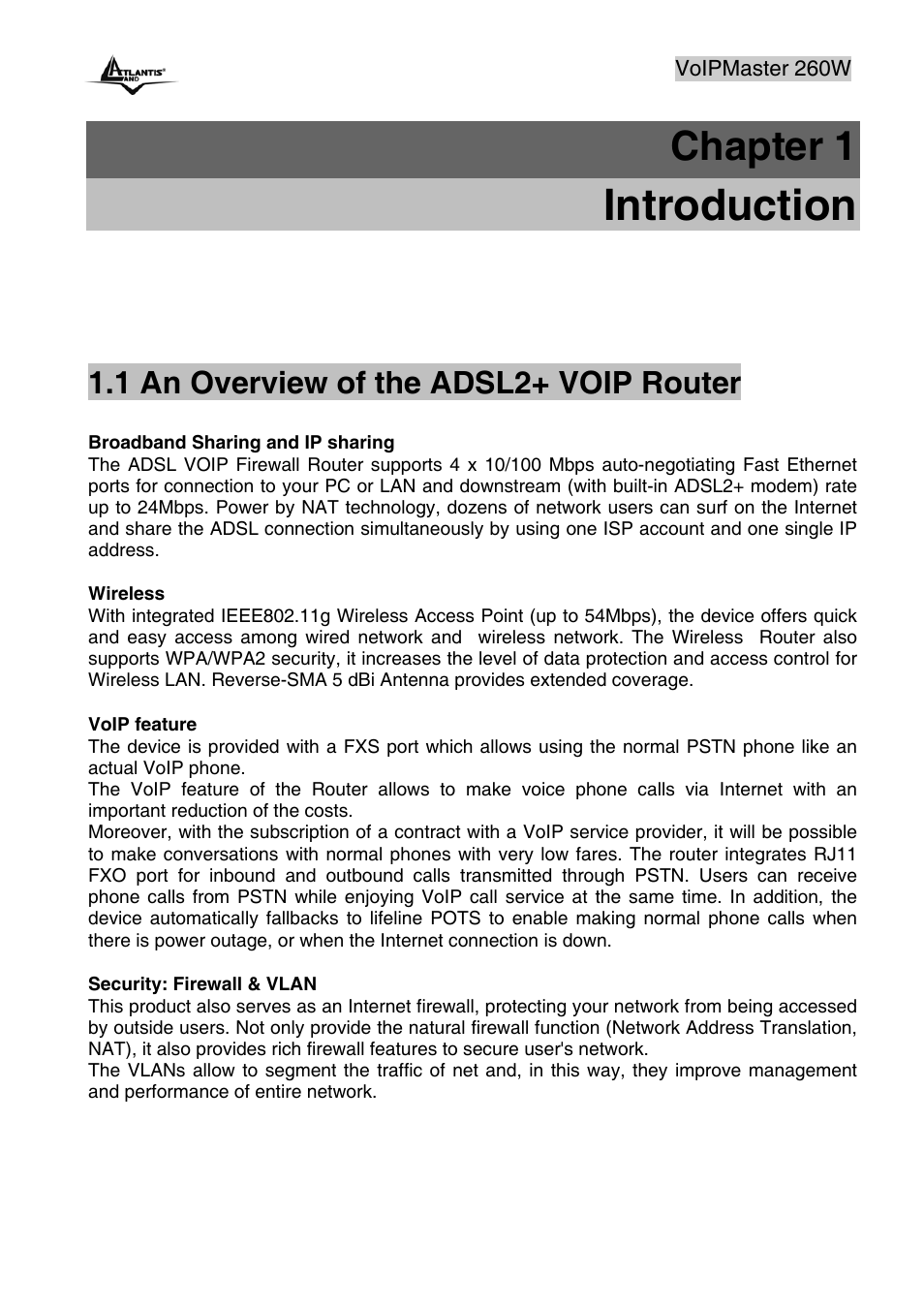Introduction, Chapter 1, 1 an overview of the adsl2+ voip router | Atlantis Land A02-RAV260-W54 User Manual | Page 7 / 121