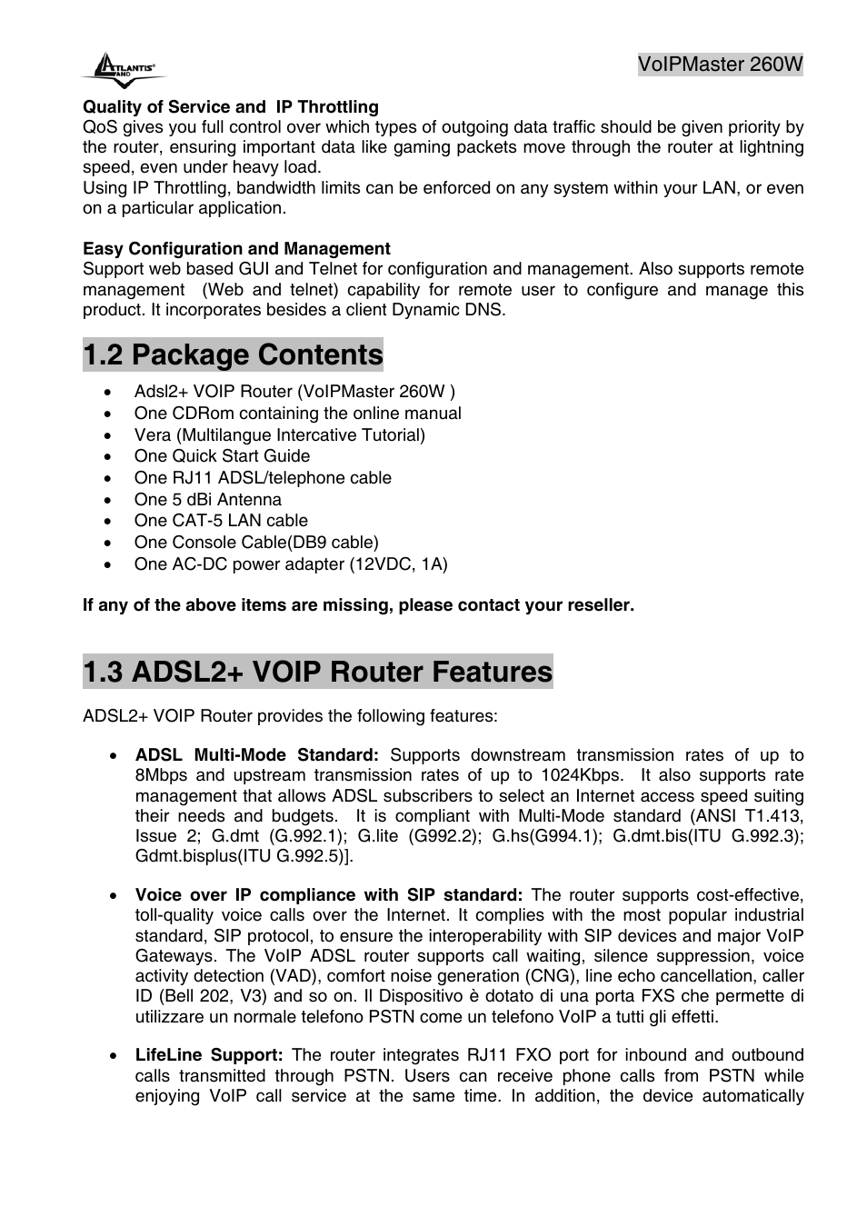 2 package contents, 3 adsl2+ voip router features | Atlantis Land A02-RAV260-W54 User Manual | Page 8 / 121