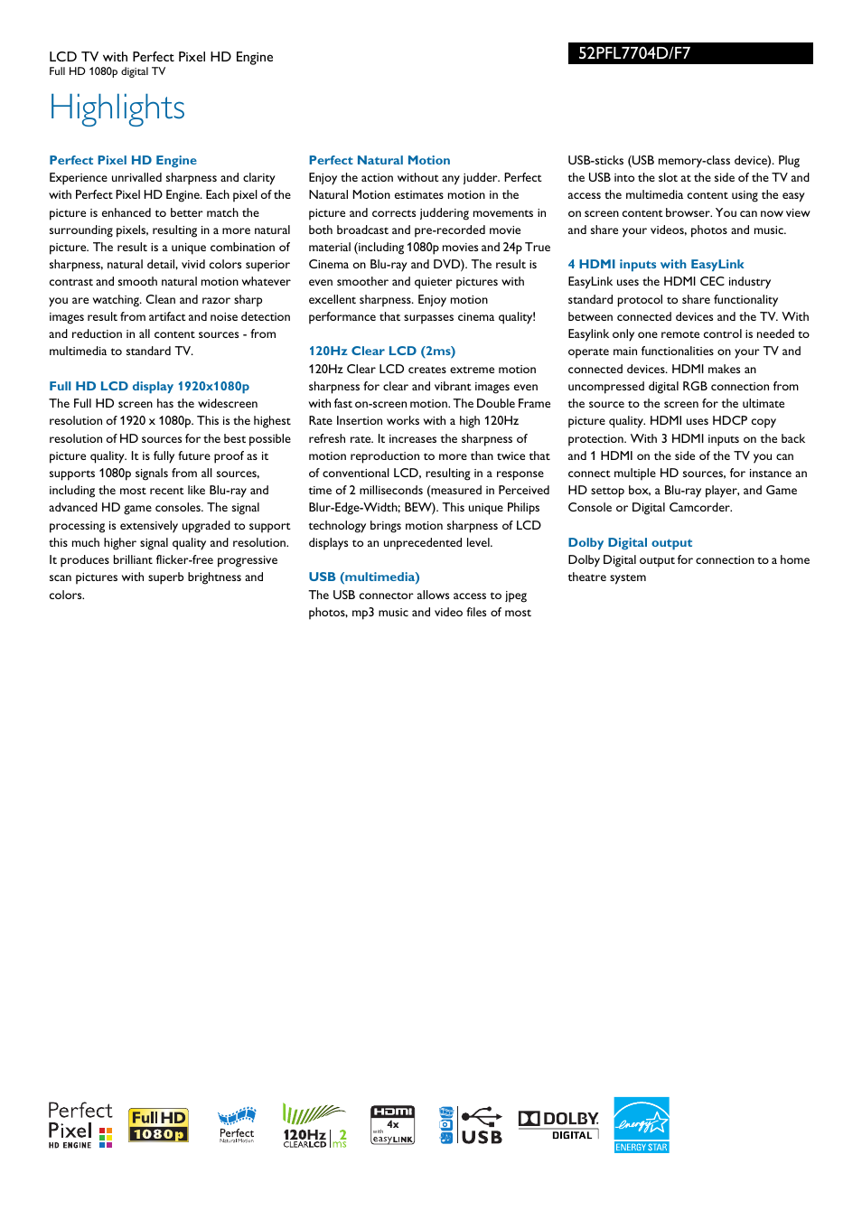Highlights | Philips 52PFL7704D-F7 User Manual | Page 2 / 3