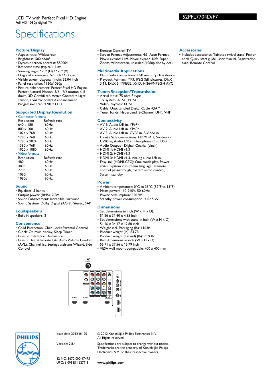 Specifications | Philips 52PFL7704D-F7 User Manual | Page 3 / 3