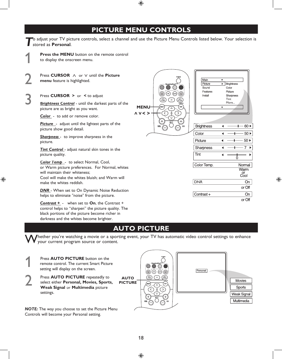 Picture menu controls, Auto picture | Philips 27PT6341-07 User Manual | Page 18 / 39