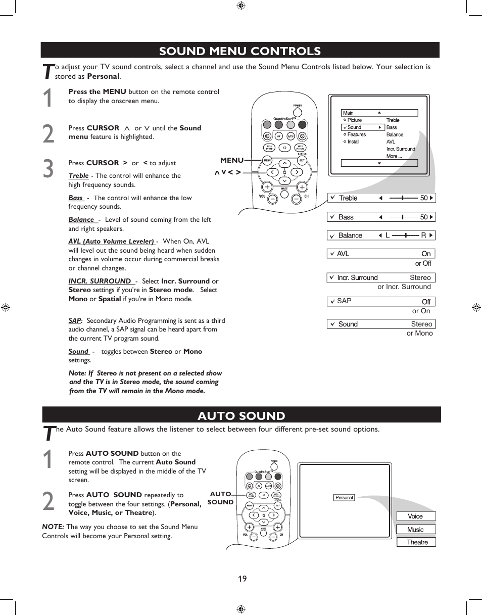 Auto sound, Sound menu controls | Philips 27PT6341-07 User Manual | Page 19 / 39