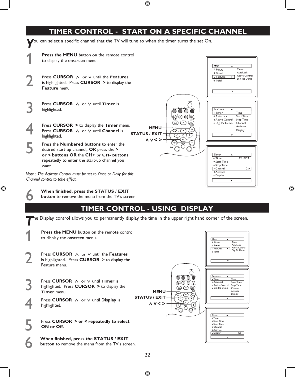 Timer control - start on a specific channel, Timer control - using display | Philips 27PT6341-07 User Manual | Page 22 / 39