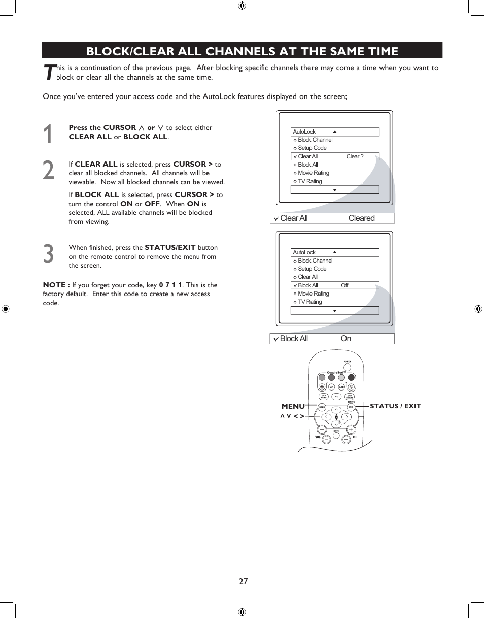 Block/clear all channels at the same time | Philips 27PT6341-07 User Manual | Page 27 / 39